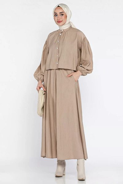 julude Μπεζ πουκάμισο με λεπτομέρεια τσέπης Hijab διπλό σετ