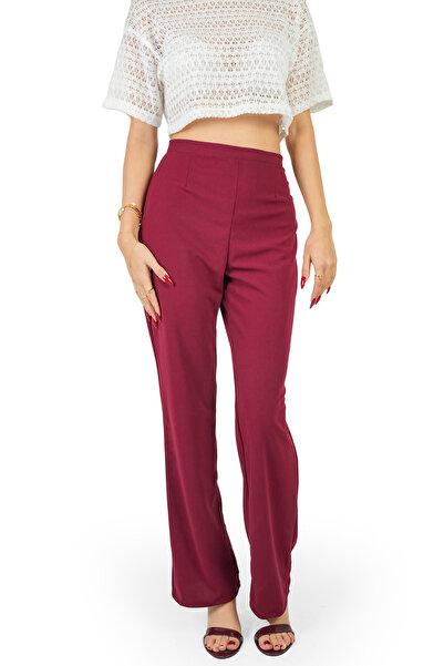 Cherry Lane Burgundy Color Hidden Zipper Crep Fabric Trousers