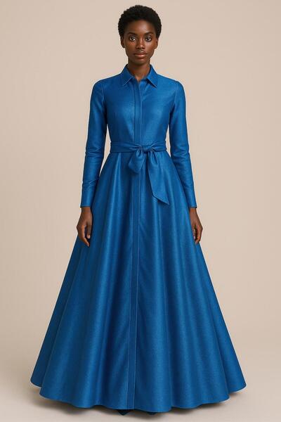 MERT ERKAN Saks Mavi Simli Jakar Maxi Boy Şık Gömlek Elbise