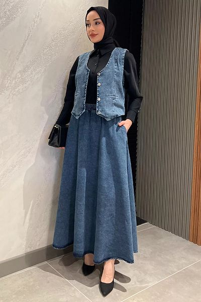 julude Fusta Hijab Albastră Buzunar Vestă Jeans Jeans Set Dublu