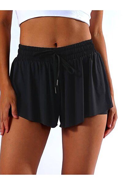 MADAM SHİLA Siyah Spor Şort Yüksel Bel Slimfit Taytlı Bağcıklı Cepli Shila Sports Shorts