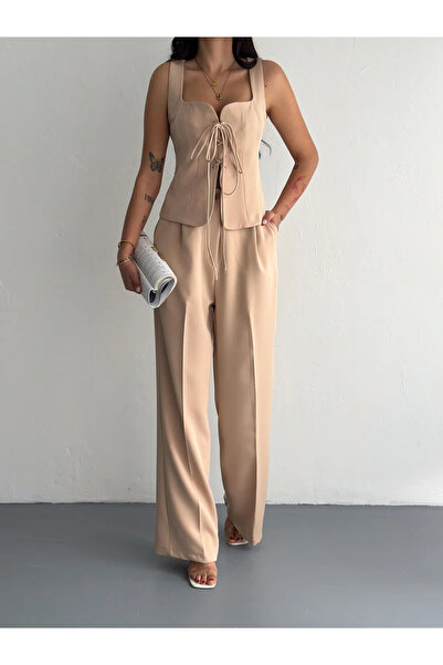 LE CARAMBOLE Women's Beige Front Tie Vest Trousers Double Set