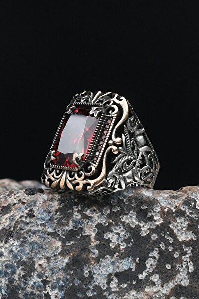 Prestige 925 Ayar Gümüş Kırmızı Zirkon Taşlı Erkek Yüzüğü Zirkon Taş Süslemel...