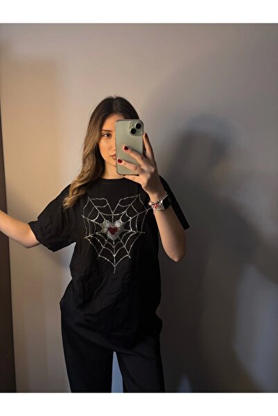 Violon Tricou cu mânecă scurtă Black Love Web cu strasuri