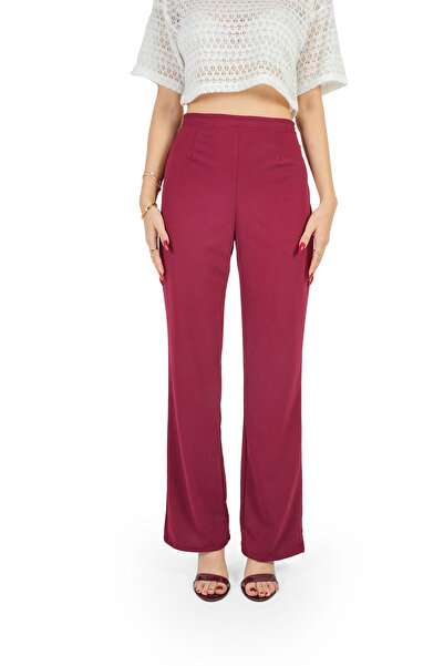 Cherry Lane Burgundy Color Hidden Zipper Crep Fabric Trousers