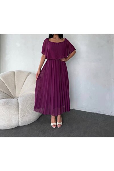 tülaybutik γυναικείο σιφόν μαντόνα γιακά πλισέ φόρεμα