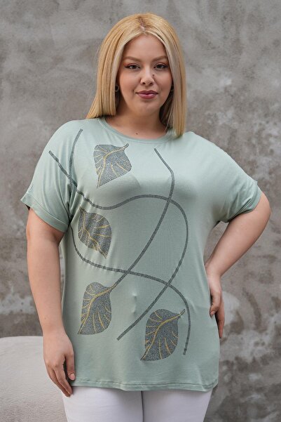 Siyezen Large Size Gold Stone Leaf Printed Bat Sleeve Blouse