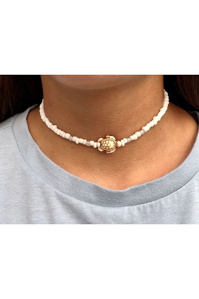 Stoneday Squeezing Stone Cream Turtle Tipped White Sand Bead Design Necklace