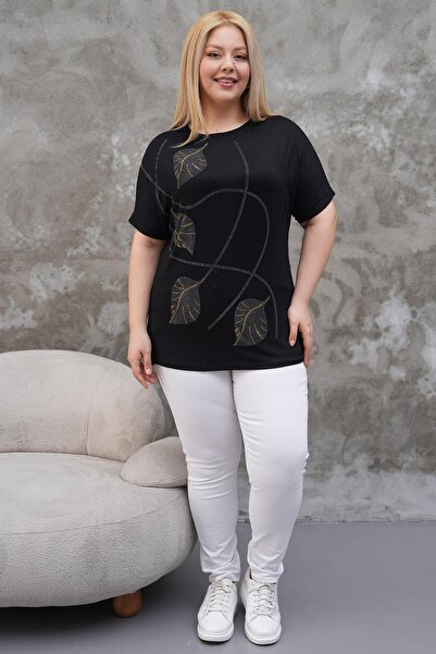 Siyezen Large Size Gold Stone Leaf Printed Bat Sleeve Blouse