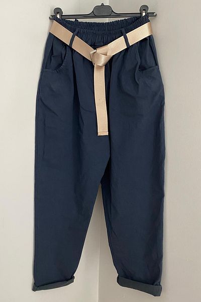 AYASOFYA OTANTIK Women's Italian Blue Elastic Waist Shiny Buckle, Belted Plain Pattern, Loose Carrot Leg Trousers