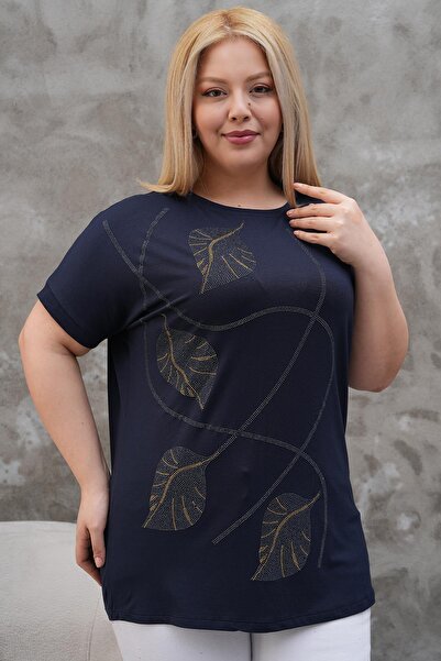 Siyezen Large Size Gold Stone Leaf Printed Bat Sleeve Blouse