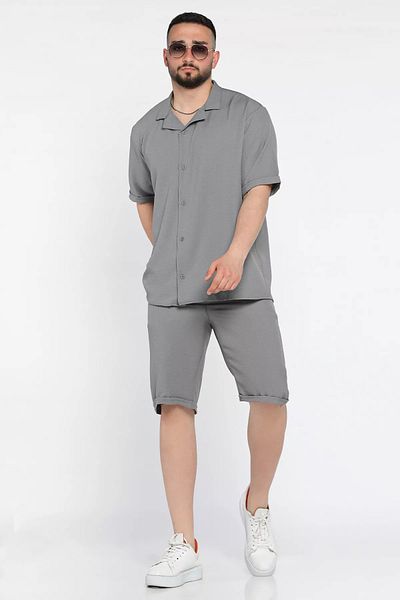 MİSHAR İTALİA Dark Gray Men's Double Sleeve Shirt Shorts Double Set