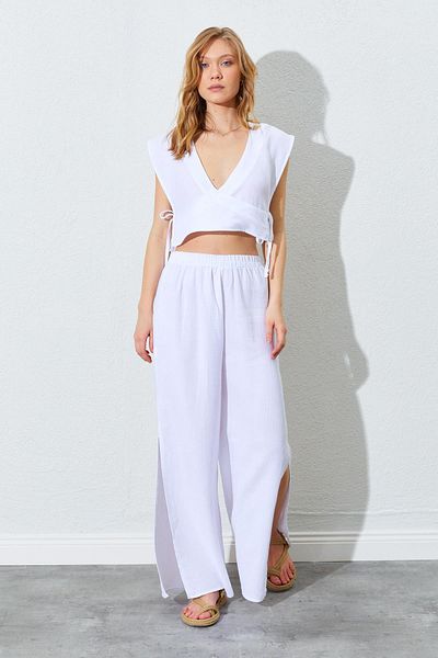 TENA Women's Ecru Double Collar Tied Muslin Suit
