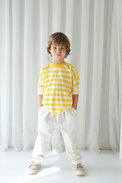 Catz Kids Boy's Ecru Linen Carrot Trousers + Yellow and White Striped Combed Cotton T-Shirt