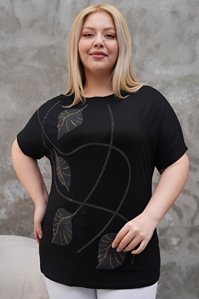 Siyezen Large Size Gold Stone Leaf Printed Bat Sleeve Blouse