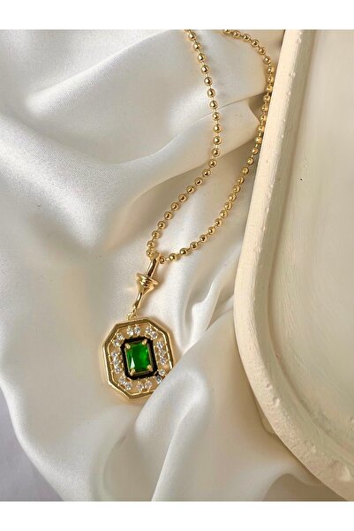 solaris design Green Stone Steel Medallion Leyla Necklace