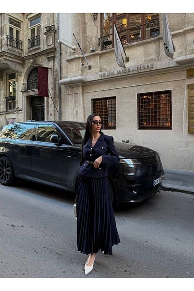 sajarsln Saja Rsln Elizabeth Gold Belted - Buttoned Blazer Jacket and Pleated Long Skirt Set - Navy Blue