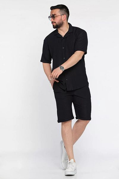 MİSHAR İTALİA Navy Blue Men's Apache Collar Shirt Shorts Double Set