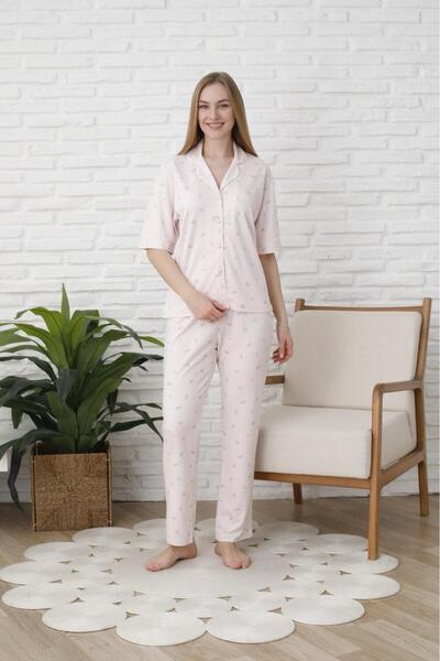 Espuar 773 Kutulu Classic Kısa Kol Kadın Gömlek Pijama Takımı, Boydan Düğmeli Viskon Pijama Takım