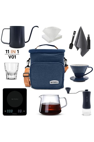 MIBRU V60 Coffee Drip Pour Over Set Of 11 Pcs Includes Manual Kettle Grinder Dripper,filter,with Bag Blue