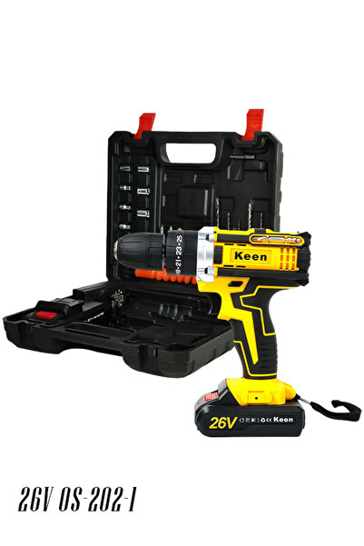 Keen طقم مثقاب لاسلكي OS-202-1 بجهد 26 فولت مع بطاريتين ليثيوم أيون، ومقبض تث...
