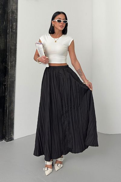 Bipantolon Fusta lungă evazată cu efect Crush negru de damă