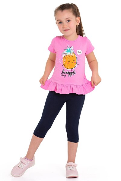 zepkids Crew Neck Short Sleeve Pineapple Printed Pink Color Girls Tights Set
