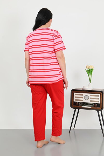 Akbeniz Women's Large Size Short Sleeve Combed Cotton Pajama Set Red 202505