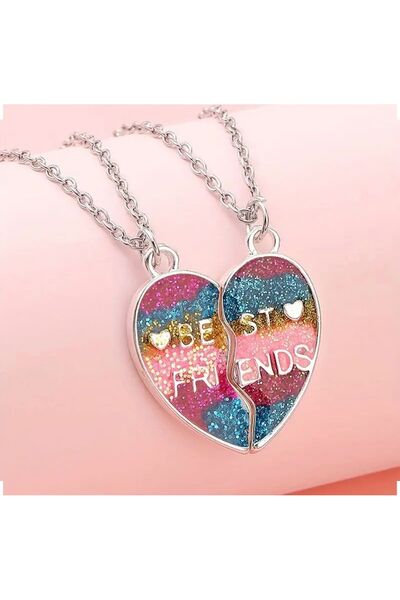 Tudivanyu Aksesuar 2'li Yakın Arkadaş Best Friend Yazılı Gökkuşağı Renkli BFF Kolyesi