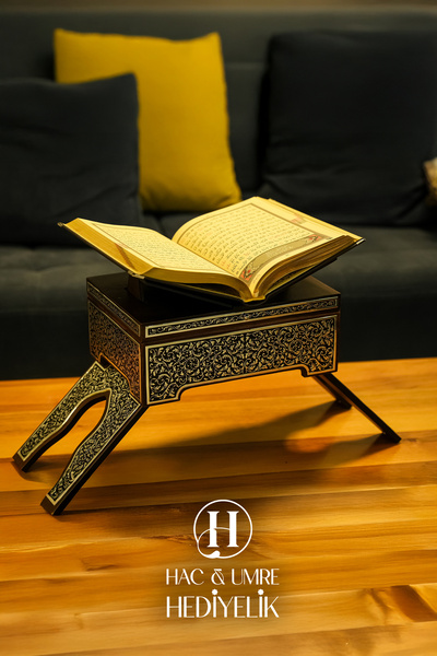 Hac Umre Hediyelik Gümüş Kaplama Ahşap Rahle ve Kuranı Kerim Seti, Gümüş İşlemeli Lüks Kuran Okuma Sehpası ve Kuran Set