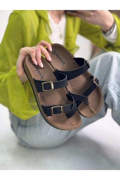 İmerShoes Single Flip Flop Women's Black Slippers Comfortable Orthopedic Cork Sole with Adjustable Metal Buckle 34147