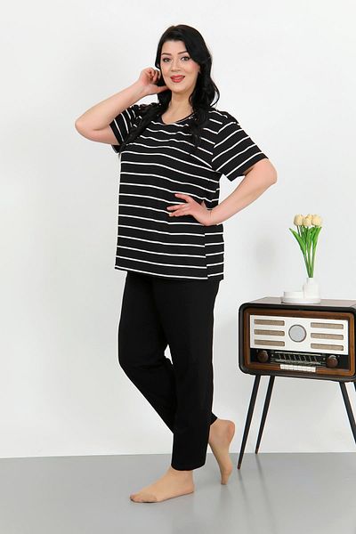Akbeniz Women's Plus Size Short Sleeve Pajamas Set Black Gx9688