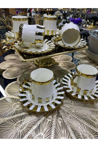elif aksesuar Beyaz Gold 6 Kişilik Çay Kahve Fincan Takımı 180 ml