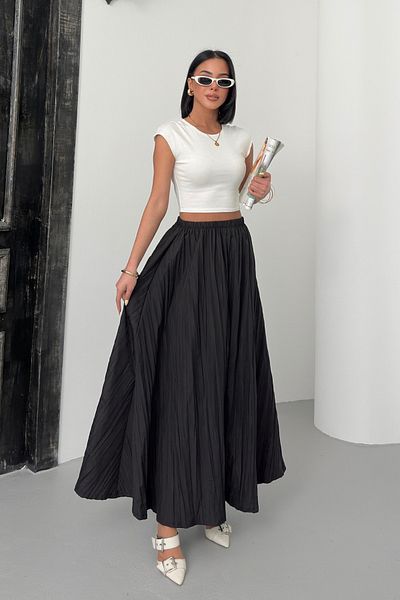 Bipantolon Fusta lungă evazată cu efect Crush negru de damă