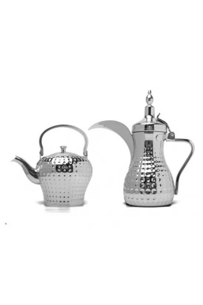 NO NAME طقم دلة مع ابريق استانلس ستيل نقشة حب الرمان فضي