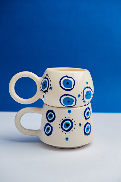 touchmughm Handmade Ceramic Coffee Cup, Ceramic Double Mug, Ceramic Dark Blue 2-Piece Evil Eye Cup