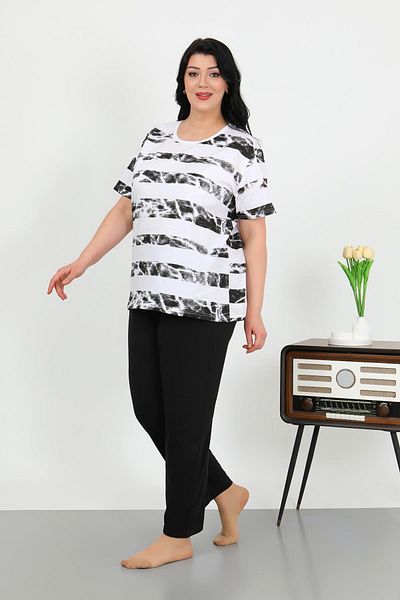 Akbeniz Women's Large Size Short Sleeve Combed Cotton Pajama Set White 202505