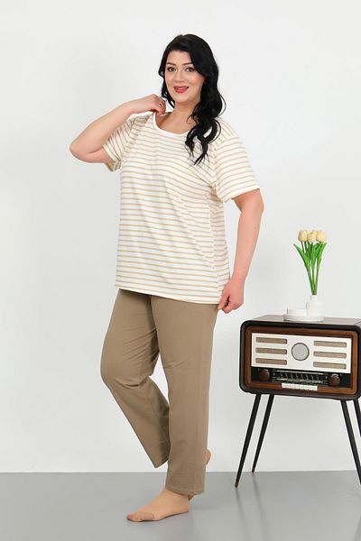 Akbeniz Women's Plus Size Pajama Set Short Sleeve Combed Cotton Milk Coffee 202505