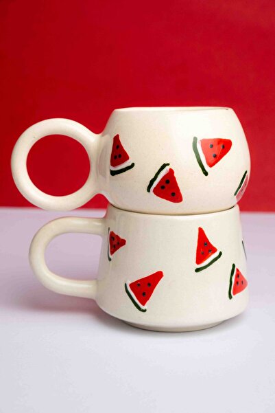 touchmughm Ceramic Watermelon Cup - 2 Pieces Handmade, Double Mug, 2 Handles