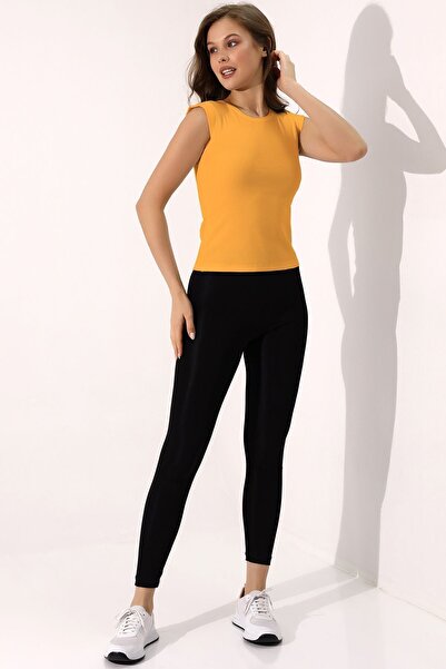 Şiir Shine Kadın Hardal Slim Kalıp Sıfır Yaka Ay Kol Esnek Basic Penye Bluz & Tshirt & Tişört