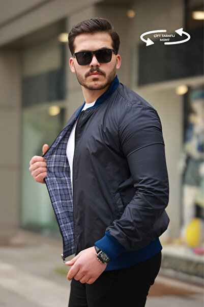 ixir Çift Taraflı Ekose Desenli Mevsimlik Erkek Mont Mavi