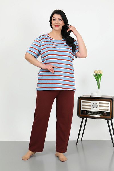 Akbeniz Women's Large Size Short Sleeve Combed Cotton Pajama Set Blue 202505