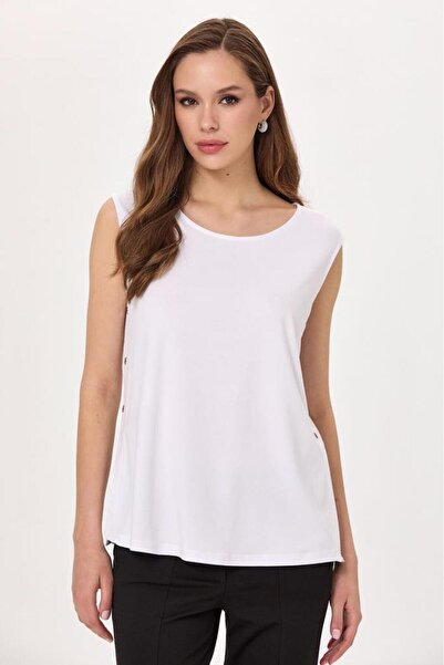 İKİLER Round Neck Side Snap Detail Sleeveless Blouse