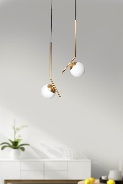 Luzarana Elit 2 li Sarı Siyah Metal Gövde Beyaz Camlı Tasarım Lüx Avize