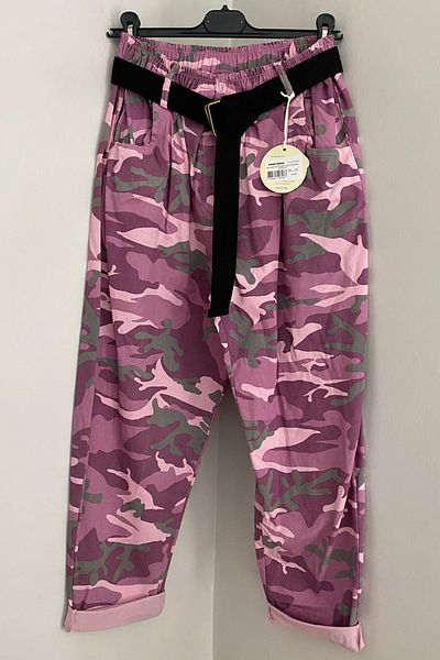 AYASOFYA OTANTIK Pink Italian Waist Belted Camouflage Patterned Women's Lycra Loose Baggy Trousers