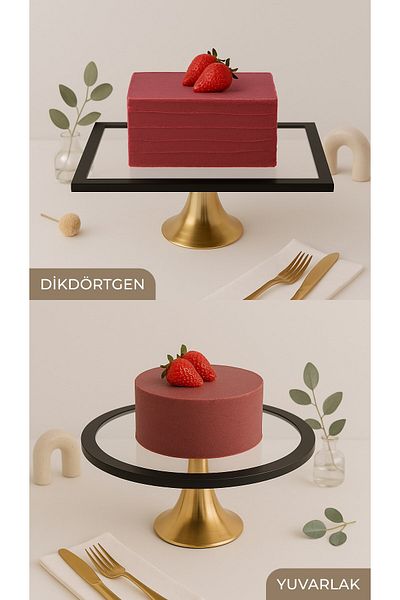 Fiyakalı Ürünler Atölyesi 2-Piece Black Round and Rectangular Cake Set - Cake and Cookie Presentation Stand, Dowry, Gift