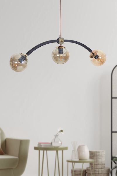 Luzarana Frenk 3 Lü Gold-Siyah Metal Gövde Bal Rengi Camlı Tasarım Lüx Avize