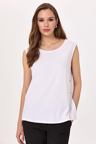 İKİLER Round Neck Side Snap Detail Sleeveless Blouse