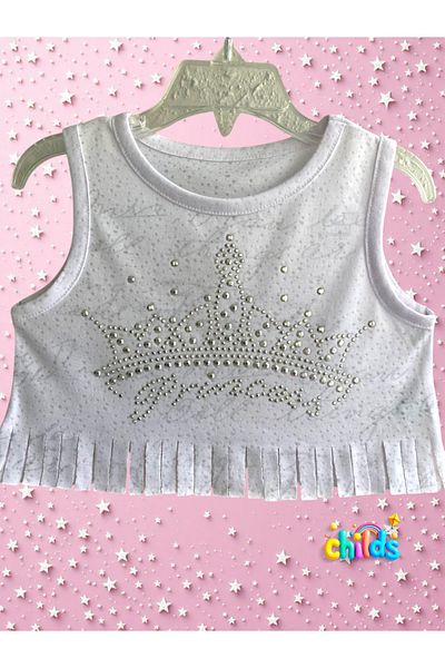 childs Double Crop Girl's Summer Suit Princess Stone Printed Shorts Suit Made of Devore Fabric