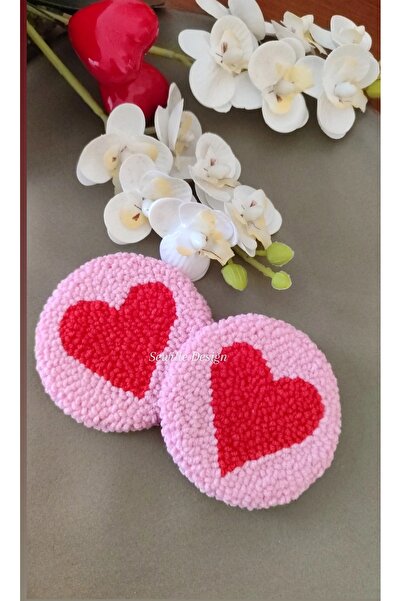 Sewille Design Hand Made Punch İşlemeli Kırmızı Kalpli Pembe Araba Bardak Alt...